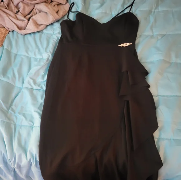 Black dress with side ripple. Brand is Alexa B Nites. Size 14